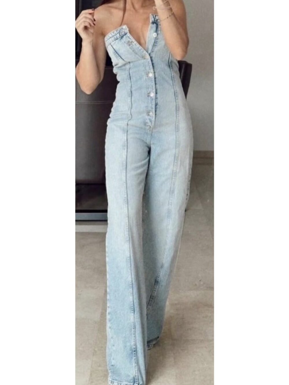 ZARA OFF SHOULDER TRF STRAPLESS DENIM JUMPSUIT BLUE Size M 8197/059